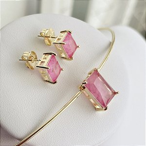 Conjunto Colar e Brinco Kira aro com pedra retangular fusion rosa