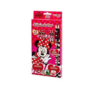 Lápis De Cor 12 Cores Minnie + Apontador + Borracha + Lápis Preto Molin