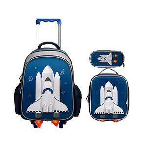 Kit de Mochilete infantil espaçonave azul + lancheira + estojo 3D Yins