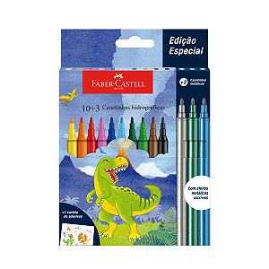 Canetinha Hidrográfica 10+3 Cores Metálicas Dinossauros Faber Castell