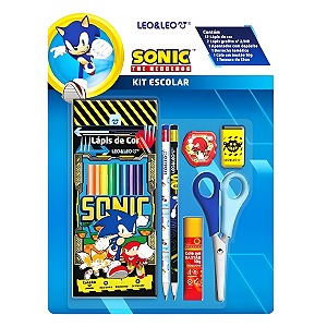 Kit Lápis Preto+Apontador+Borracha+Tesoura+ Sonic LeoLeo