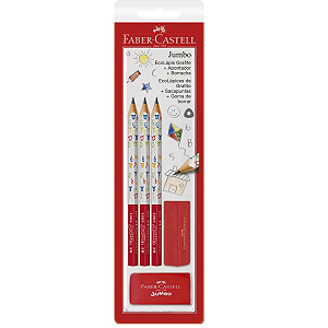 Kit 3 Lápis Jumbo+Borracha+Apontador Faber Castell