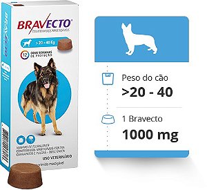 BRAVECTO CÃES 1000 MG PARA COM PESO DE 20 a 40 KG