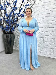 Vestido Olinda longo azul serenity de poá com manga longa 42