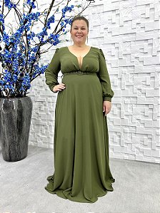 Vestido Nanda longo verde oliva com cinto