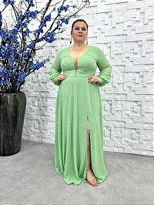 Vestido Olinda longo verde menta de poá com manga longa