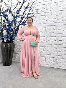 Vestido Olinda longo rosa de poá com manga longa 46