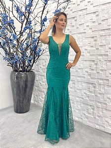 Vestido Zaya longo verde esmeralda tule bordado