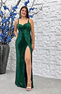 Vestido Ohana longo verde esmeralda de paetês 40