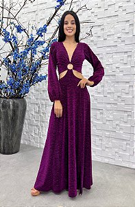 Vestido Naty longo fúcsia com manga longa