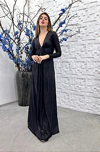 Vestido Josephine longo preto com manga longa