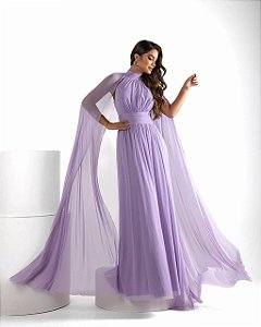 Vestido Dubai longo lilás manga véu tule