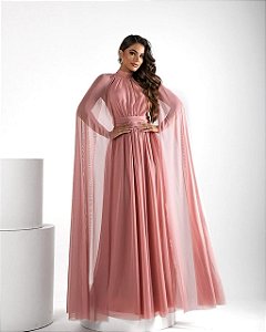 Vestido Dubai longo rose manga véu tule
