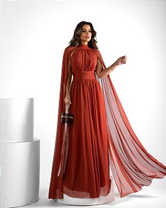 Vestido longo Dubai terracota manga véu tule