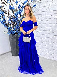 Vestido Málaga longo azul royal de tule com glitter