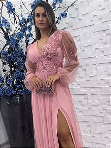 Vestido longo rose bordado