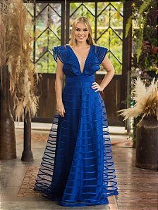 Vestido Belgica longo azul royal fita