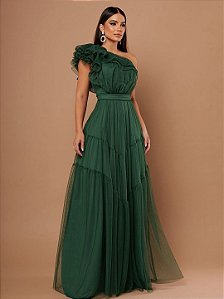 Vestido Lisse longo verde esmeralda musgo sem brilho