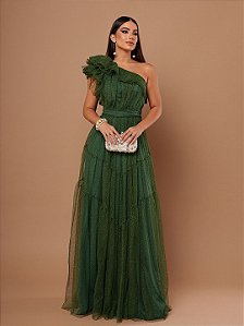 Vestido Lisse longo verde oliva com brilho