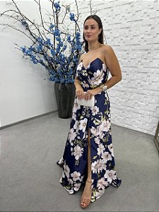 Vestido Dominica longo azul marinho estampado