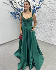 Vestido Terra verde esmeralda bordado manualmente + Clutch Brinde