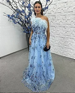 Vestido Marte azul serenity bordado manualmente + clutch brinde
