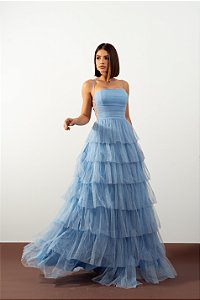 Vestido Mirreile Azul Serenity Sem Brilho + Clutch Brinde