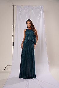 Vestido Audrey Azul Petróleo com Brilho + Clutch Brilho