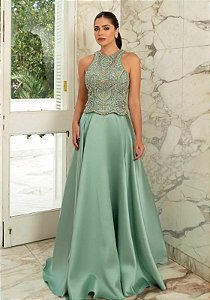 Vestido Quinn Verde Menta bordado manualmente + Clutch Brinde