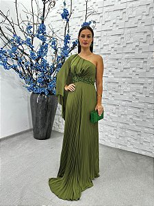 Vestido Bangladesh Verde Oliva bordado manualmente + Clutch Brinde