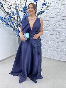 Vestido Sloani Azul Marinho bordado manualmente + Clutch Brinde