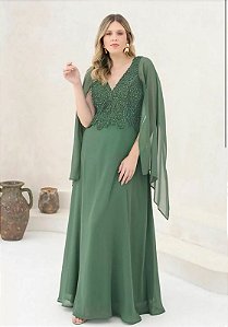 Vestido Calantha Verde Oliva bordado manualmente + Clutch Brinde