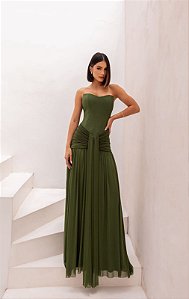 Vestido Cecilia verde oliva + clutch Brinde