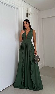 Vestido Alanis verde oliva + clutch Brinde