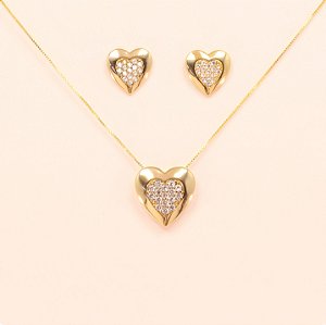 Conjunto Coração Cravejado em Zircônia Cristal Folheado a Ouro 18k