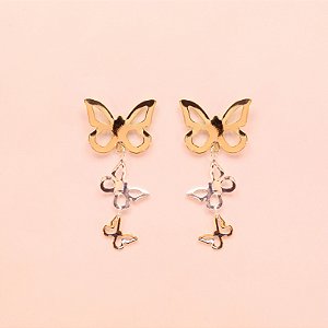 Brinco de Borboletas Vazadas Folheado a Prata e Ouro 18k