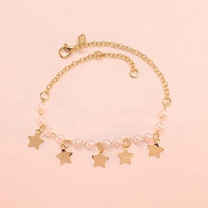 Pulseira com Pérola e Estrelas Folheado a Ouro 18k