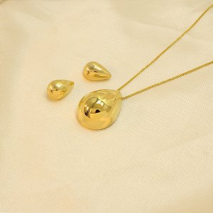 Conjunto de Gota Abaulada Folheado a Ouro 18k