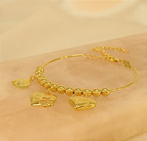 Pulseira com Corações e Cachorro Folheado a Ouro 18k