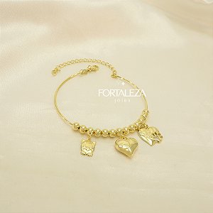 Pulseira com Corações e Gato Banhado a Ouro 18k