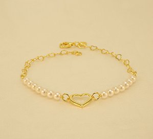 Pulseira com Pérolas e Corações Folheada a Ouro 18k