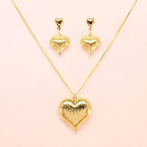 Conjunto de Coração com Design Granulado Folheado a Ouro 18k