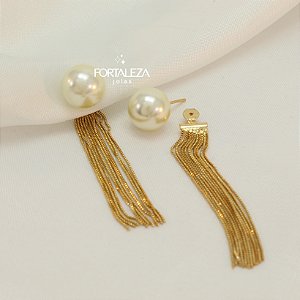 Brinco Ear Jacket de Pérola e Franja Banhado a Ouro 18k