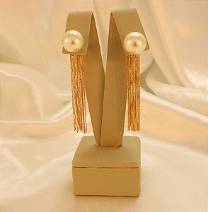 Brinco Ear Jacket de Pérola e Franja Folheado a Ouro 18k