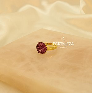 Anel Cravejado em Zircônia Rubi Banhado a Ouro 18k