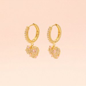 Brinco Argola de Coração Cravejado e Folheado a Ouro 18k