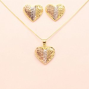Conjunto de Coração Folheado a Ouro 18k Rosê e Ródio