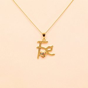 Gargantilha Escrito Fé com Zircônias Folheado a Ouro 18k