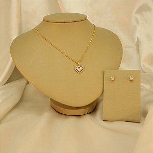 Conjunto de Coração Cravejado Folheado a Ouro 18k