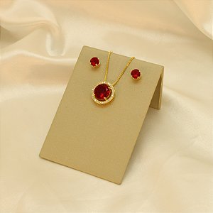 Conjunto Círculo com Zircônia Rubi Folheado a Ouro 18k